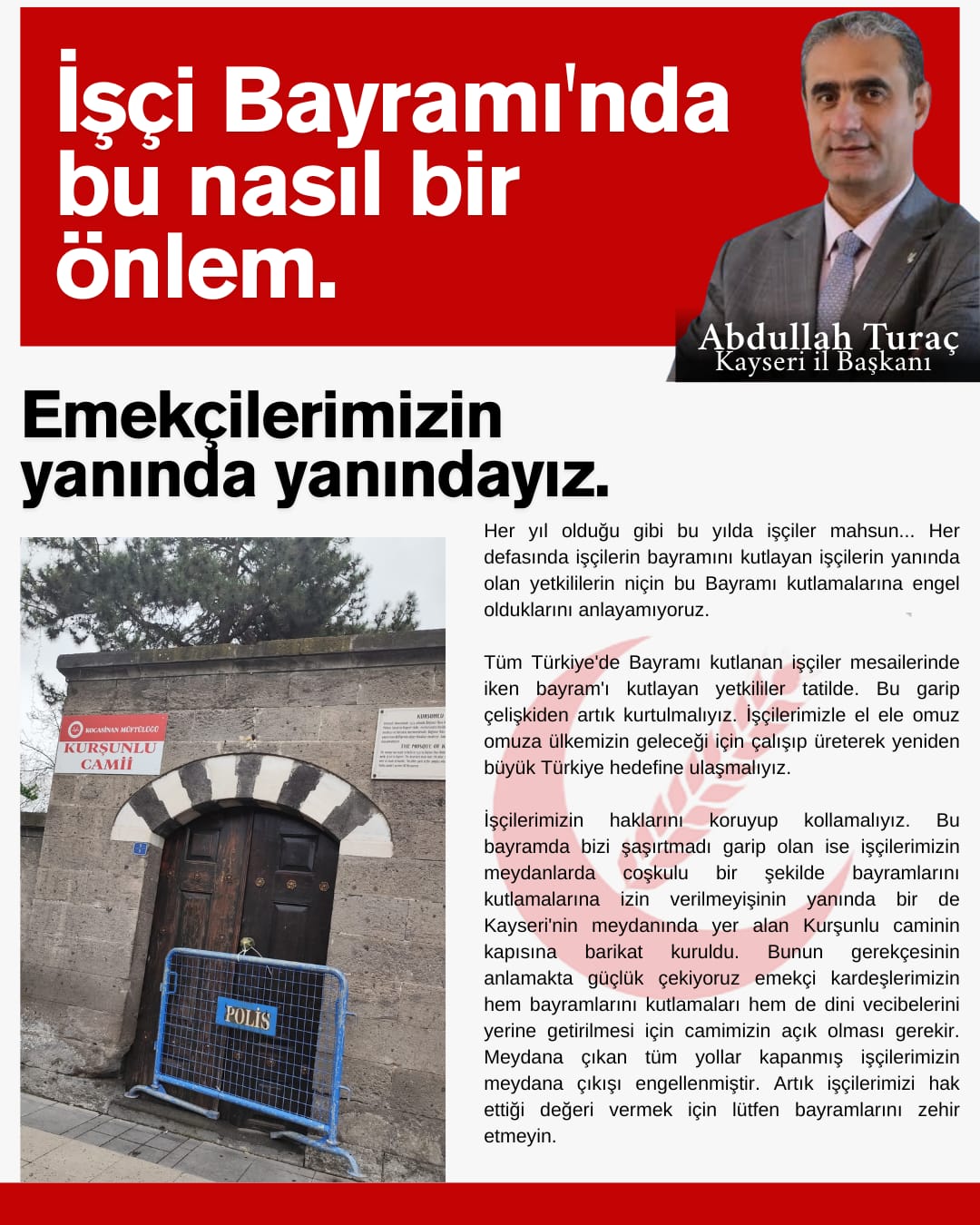 Yeniden Refah Partisi'nden 1 Mayıs Tepkisi: "İşçilerin Bayramı Engellenmemeli!"